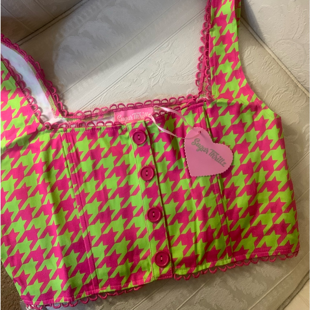 Sugar Thrillz Pink & Green Houndstooth Crop Top Blouse Nwt
